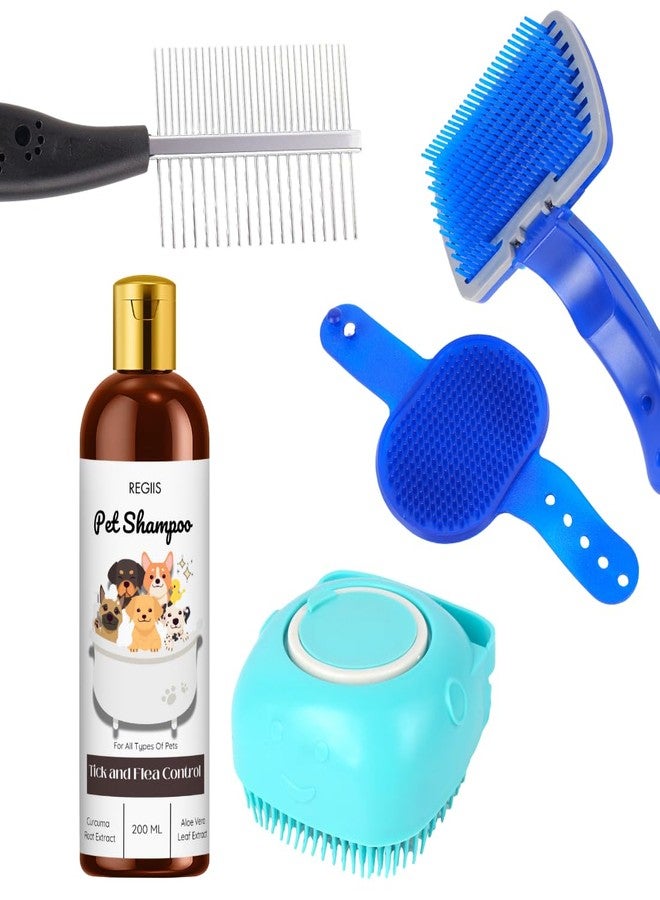 مجموعة العناية بالحيوانات الأليفة مع شامبو لمكافحة القراد والبراغيث، وفرشاة سيليكون زرقاء، ومشط معدني، 200 مل (عبوة من 5 قطع) - Image 1